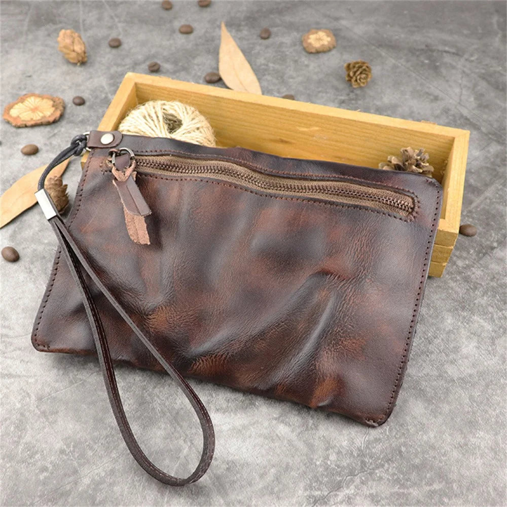 SG628 Top Layer Cowhide Leather Wrinkled Old Retro Wallet Long Coin Purse Zipper Business Casual Large Capacity Wallet with Wrist Strap - Coffee - 2