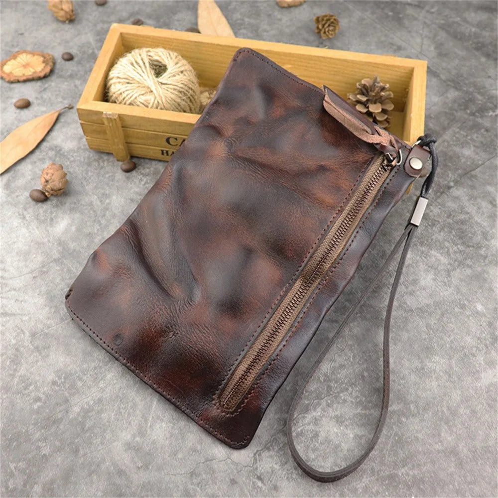 SG628 Top Layer Cowhide Leather Wrinkled Old Retro Wallet Long Coin Purse Zipper Business Casual Large Capacity Wallet with Wrist Strap - Coffee - 3