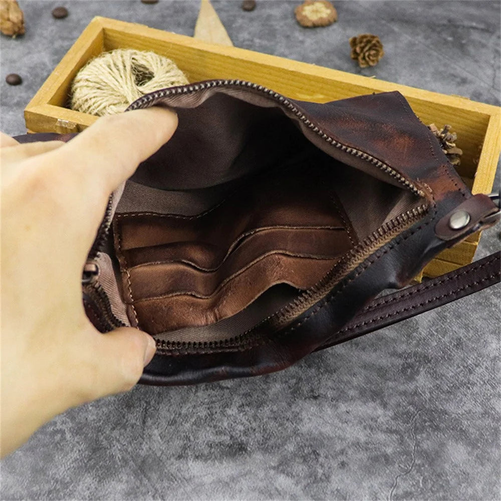 SG628 Top Layer Cowhide Leather Wrinkled Old Retro Wallet Long Coin Purse Zipper Business Casual Large Capacity Wallet with Wrist Strap - Coffee - 4