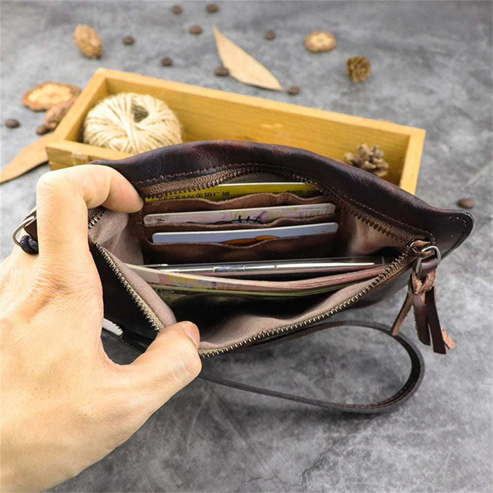 SG628 Top Layer Cowhide Leather Wrinkled Old Retro Wallet Long Coin Purse Zipper Business Casual Large Capacity Wallet with Wrist Strap - Coffee - 5