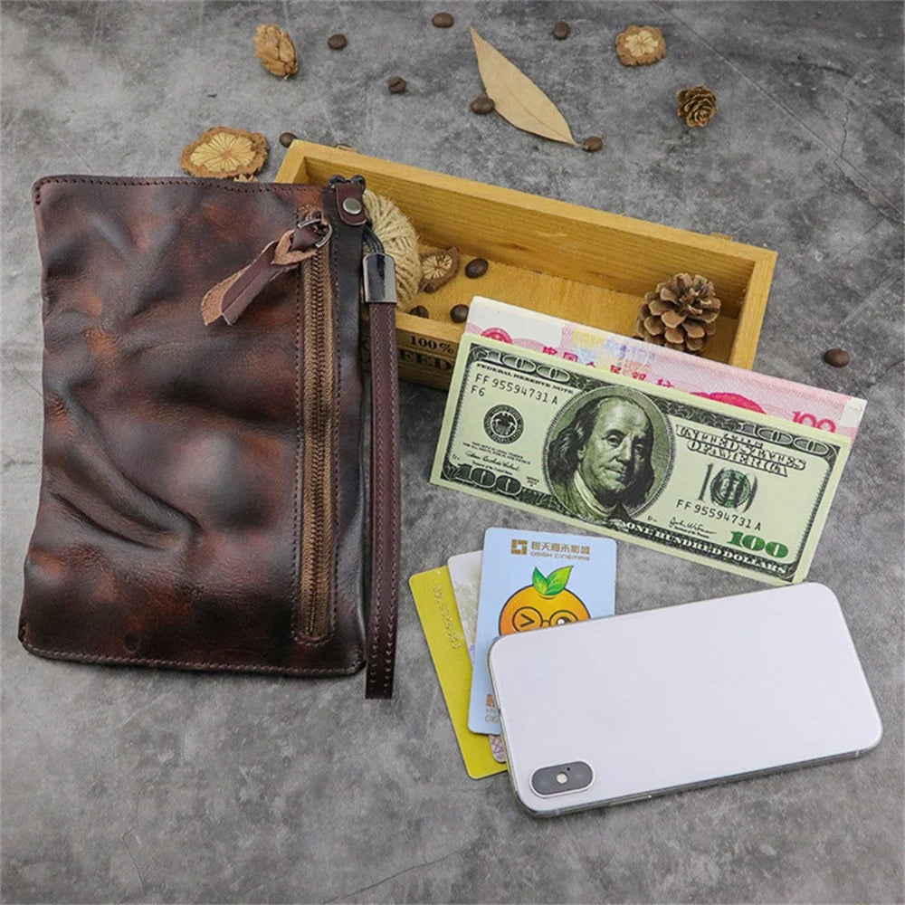 SG628 Top Layer Cowhide Leather Wrinkled Old Retro Wallet Long Coin Purse Zipper Business Casual Large Capacity Wallet with Wrist Strap - Coffee - 6