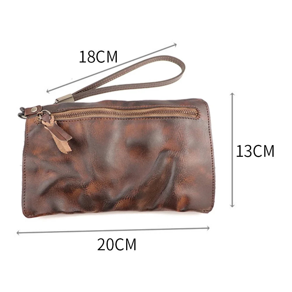 SG628 Top Layer Cowhide Leather Wrinkled Old Retro Wallet Long Coin Purse Zipper Business Casual Large Capacity Wallet with Wrist Strap - Coffee - 7