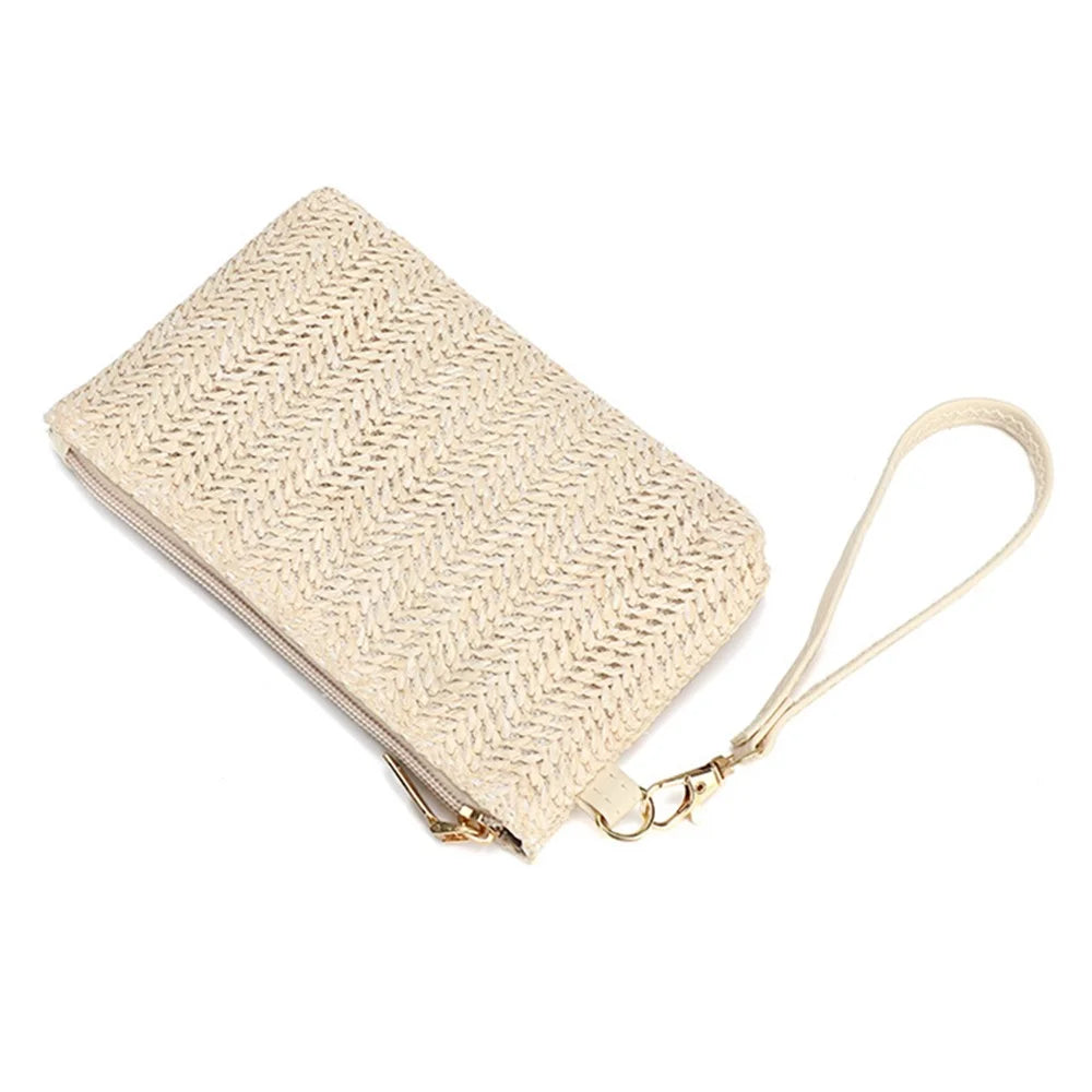PE+PP Woven Texture Clutch Wrist Carrying Bag Cell Phone Pouch Handmade Bag Purse Wristlet Wallet - Beige - 4