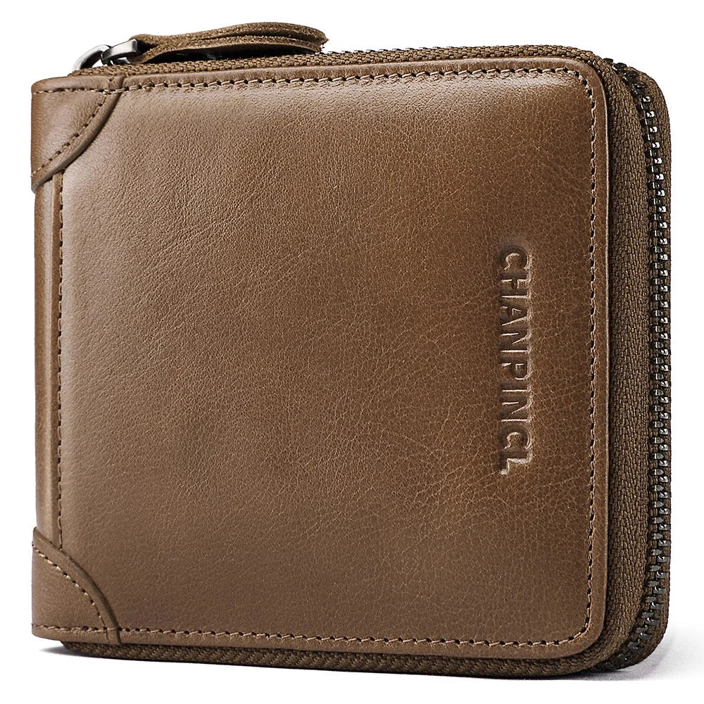 CHANPINCL CLQ375C Genuine Leather Wallet RFID Blocking Card Storage Pouch Cash Money Zipper Carrying Bag - Khaki - 1