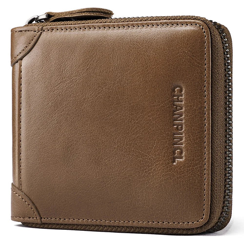 CHANPINCL CLQ375C Genuine Leather Wallet RFID Blocking Card Storage Pouch Cash Money Zipper Carrying Bag - Khaki - 1