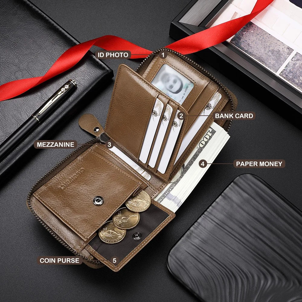 CHANPINCL CLQ375C Genuine Leather Wallet RFID Blocking Card Storage Pouch Cash Money Zipper Carrying Bag - Khaki - 3