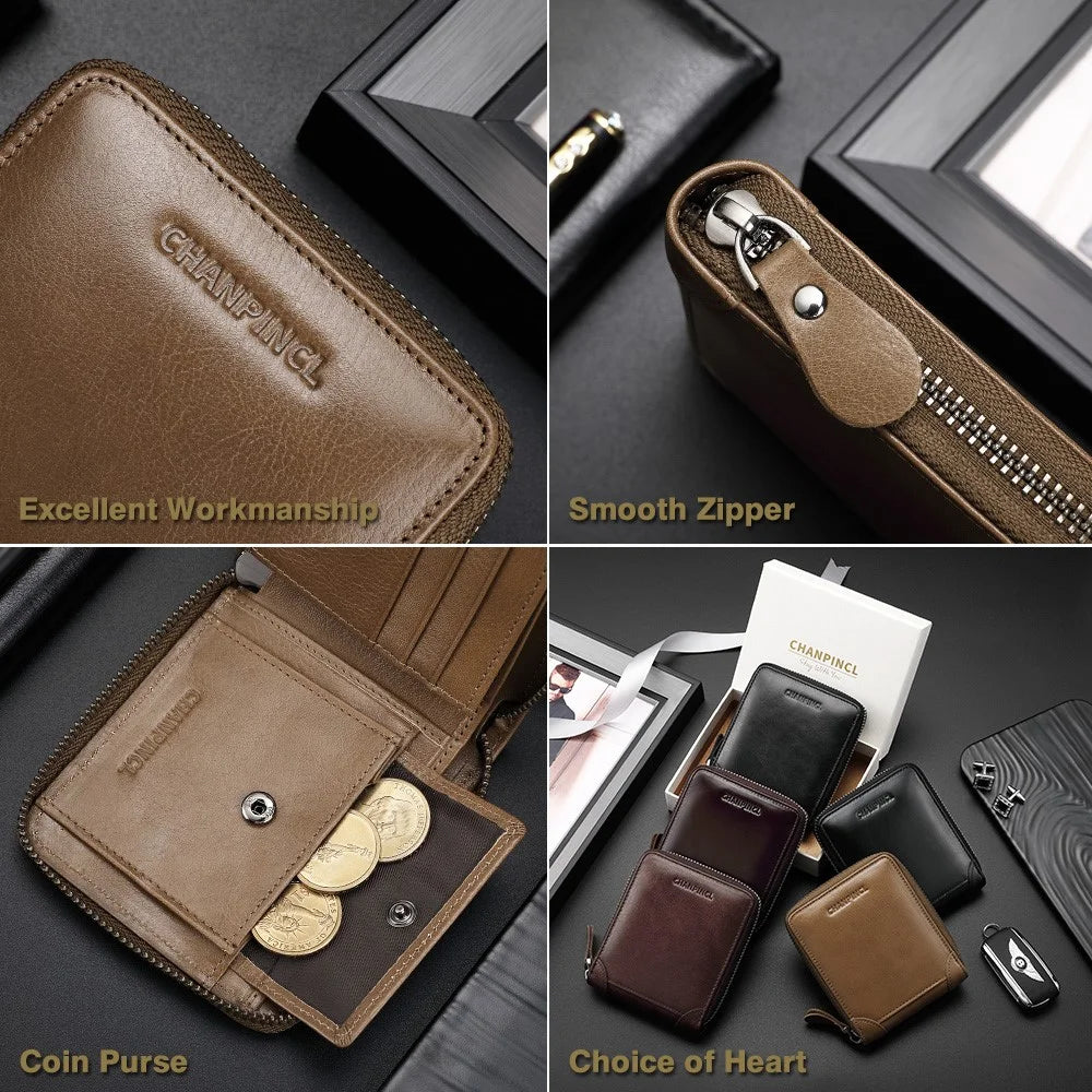 CHANPINCL CLQ375C Genuine Leather Wallet RFID Blocking Card Storage Pouch Cash Money Zipper Carrying Bag - Khaki - 4