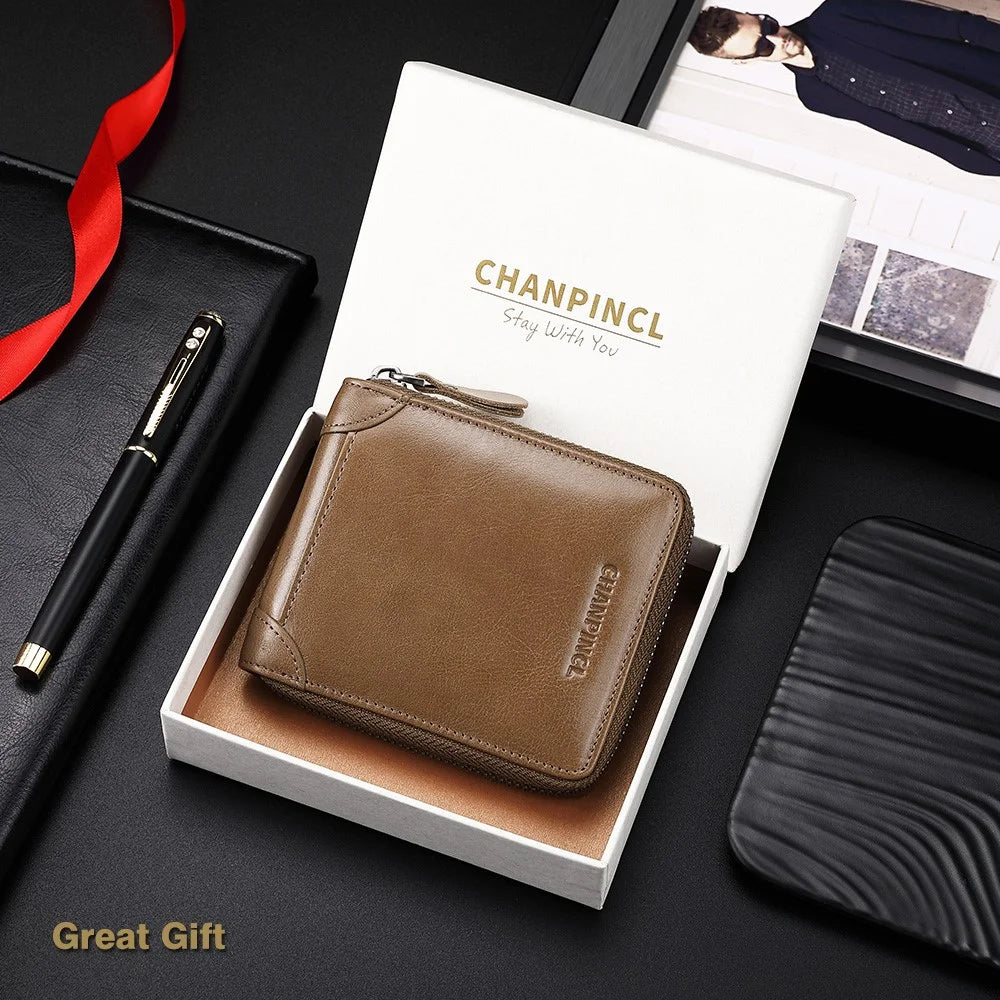 CHANPINCL CLQ375C Genuine Leather Wallet RFID Blocking Card Storage Pouch Cash Money Zipper Carrying Bag - Khaki - 5