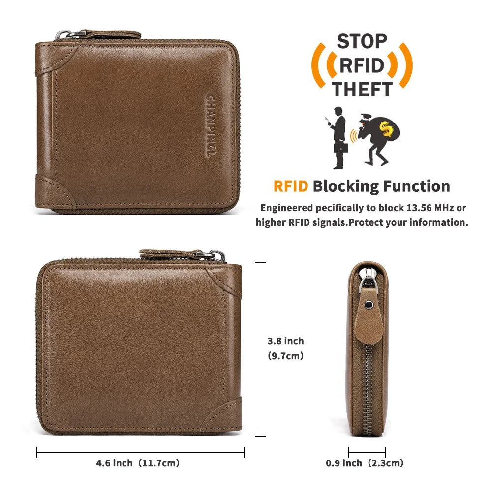 CHANPINCL CLQ375C Genuine Leather Wallet RFID Blocking Card Storage Pouch Cash Money Zipper Carrying Bag - Khaki - 6