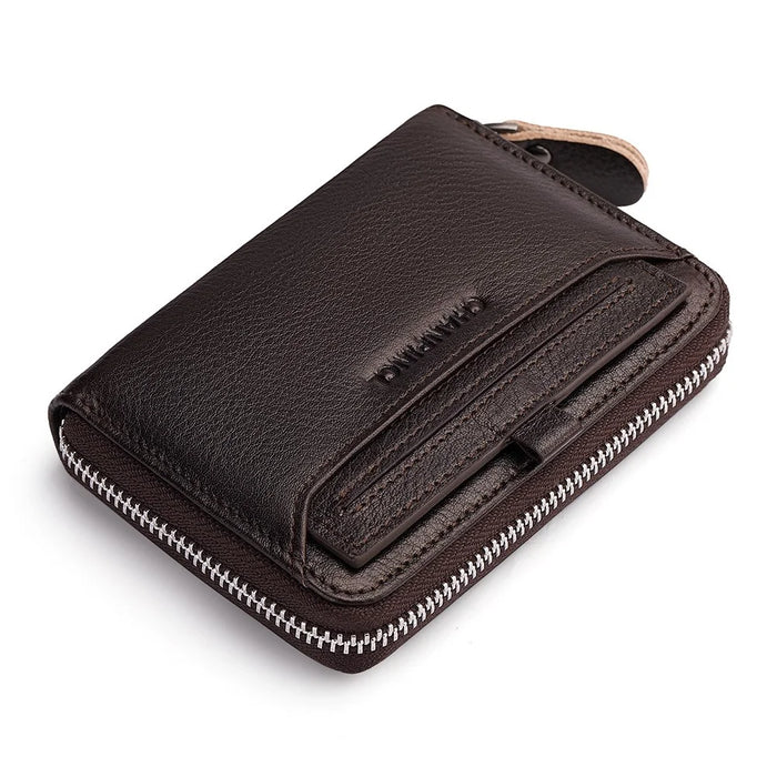 CHANPINCL CLQ320B Cowhide Leather RFID Blocking Small Wallet Zipper Coin Purse with Removable Card Holder - Coffee - 1
