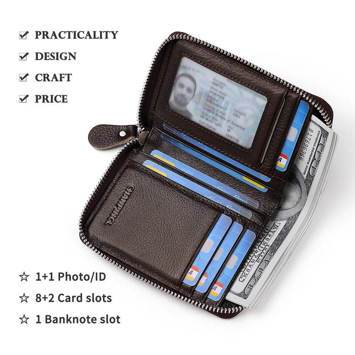 CHANPINCL CLQ320B Cowhide Leather RFID Blocking Small Wallet Zipper Coin Purse with Removable Card Holder - Coffee - 2