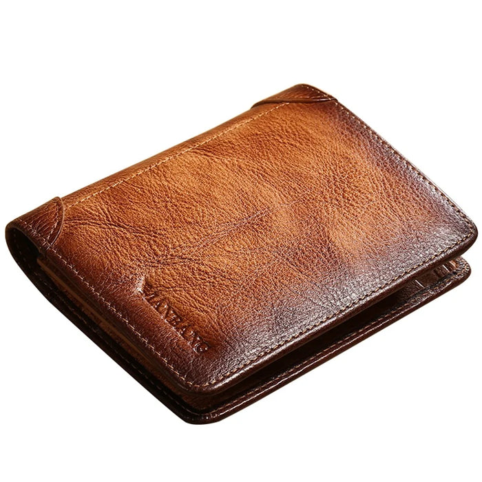 MANBANG 00877 Genuine Leather Tri-fold Wallet Classic Style RFID Blocking Card Pouch Billfold Coin Cash Money Purse - Yellowish-brown - 1