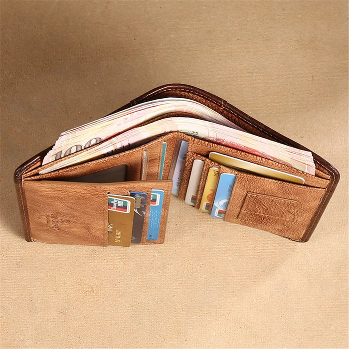 MANBANG 00877 Genuine Leather Tri-fold Wallet Classic Style RFID Blocking Card Pouch Billfold Coin Cash Money Purse - Yellowish-brown - 2