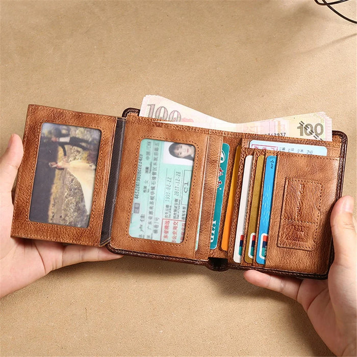 MANBANG 00877 Genuine Leather Tri-fold Wallet Classic Style RFID Blocking Card Pouch Billfold Coin Cash Money Purse - Yellowish-brown - 3