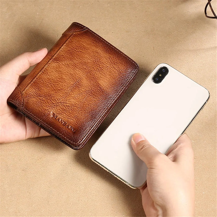 MANBANG 00877 Genuine Leather Tri-fold Wallet Classic Style RFID Blocking Card Pouch Billfold Coin Cash Money Purse - Yellowish-brown - 5