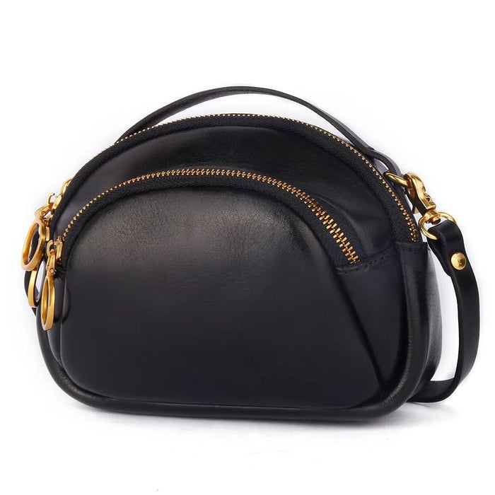 8897 Cowhide Leather Crossbody Shoulder Bag Zippered Pocket Handbag with Handle Strap for Women, Girls - Black - 1