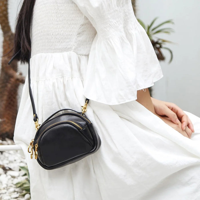 8897 Cowhide Leather Crossbody Shoulder Bag Zippered Pocket Handbag with Handle Strap for Women, Girls - Black - 2