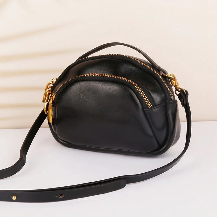 8897 Cowhide Leather Crossbody Shoulder Bag Zippered Pocket Handbag with Handle Strap for Women, Girls - Black - 3