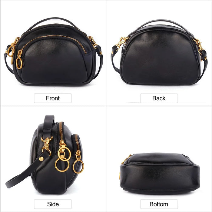 8897 Cowhide Leather Crossbody Shoulder Bag Zippered Pocket Handbag with Handle Strap for Women, Girls - Black - 6