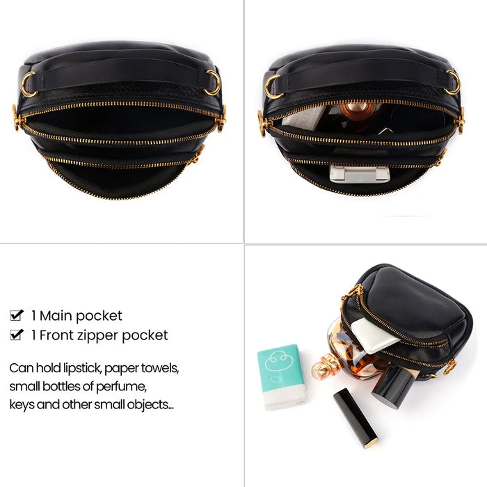 8897 Cowhide Leather Crossbody Shoulder Bag Zippered Pocket Handbag with Handle Strap for Women, Girls - Black - 7