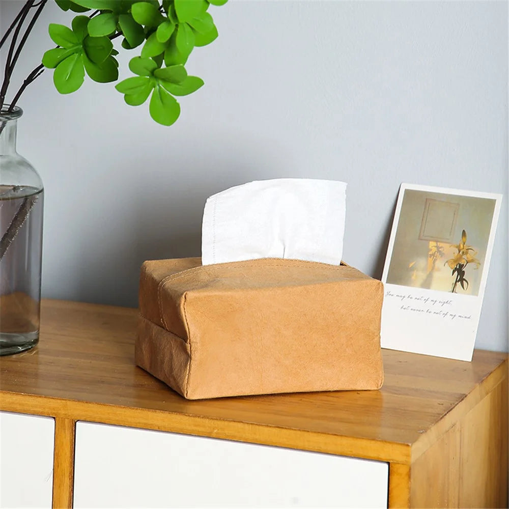 Kraft Paper Tissue Box Cover Simple Style Napkin Facial Paper Tissue Box Holder for Car Bathroom Living Room - Size S - 4