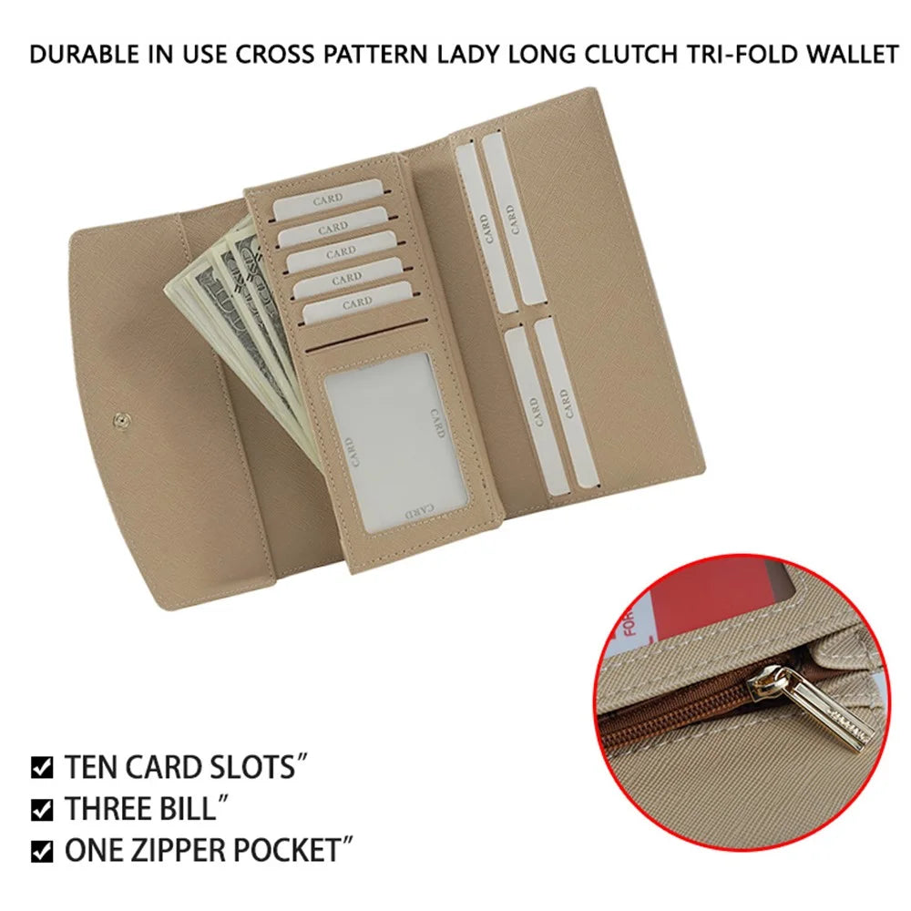 FFY FY207-39 Stylish Women PU Leather Tri-fold Long Wallet Multi Card Slots Purse Clutch Bag - Apricot - 3
