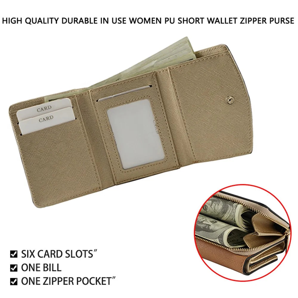 FFY FY8003-23 Stylish PU Leather Women Folding Short Wallet Cards Cash Carrying Bag - Apricot - 2