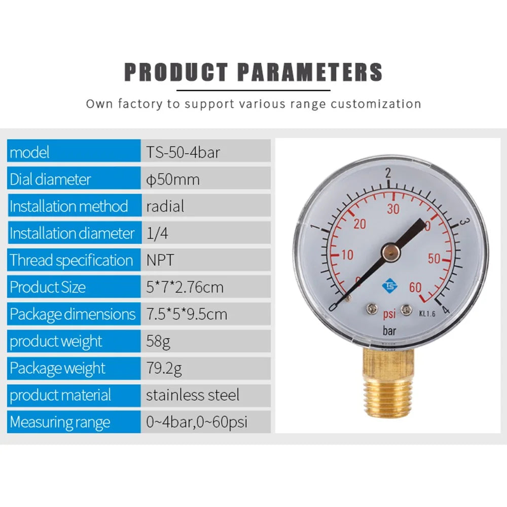 TS-50-4bar 50mm Manometer 0-60psi  /  0-4bar Dual Scale Water Pressure Dial 1 / 4 NPT Hydraulic Pressure Gauge - 4