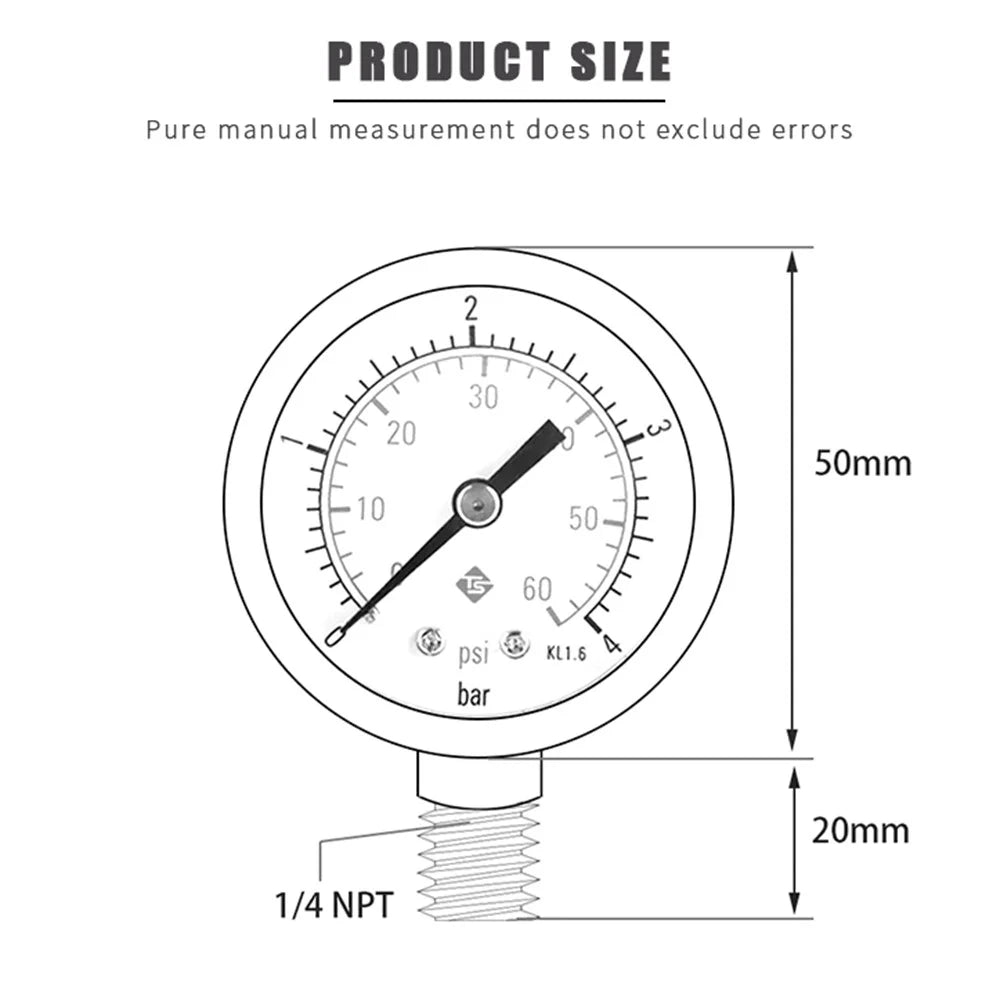 TS-50-4bar 50mm Manometer 0-60psi  /  0-4bar Dual Scale Water Pressure Dial 1 / 4 NPT Hydraulic Pressure Gauge - 5