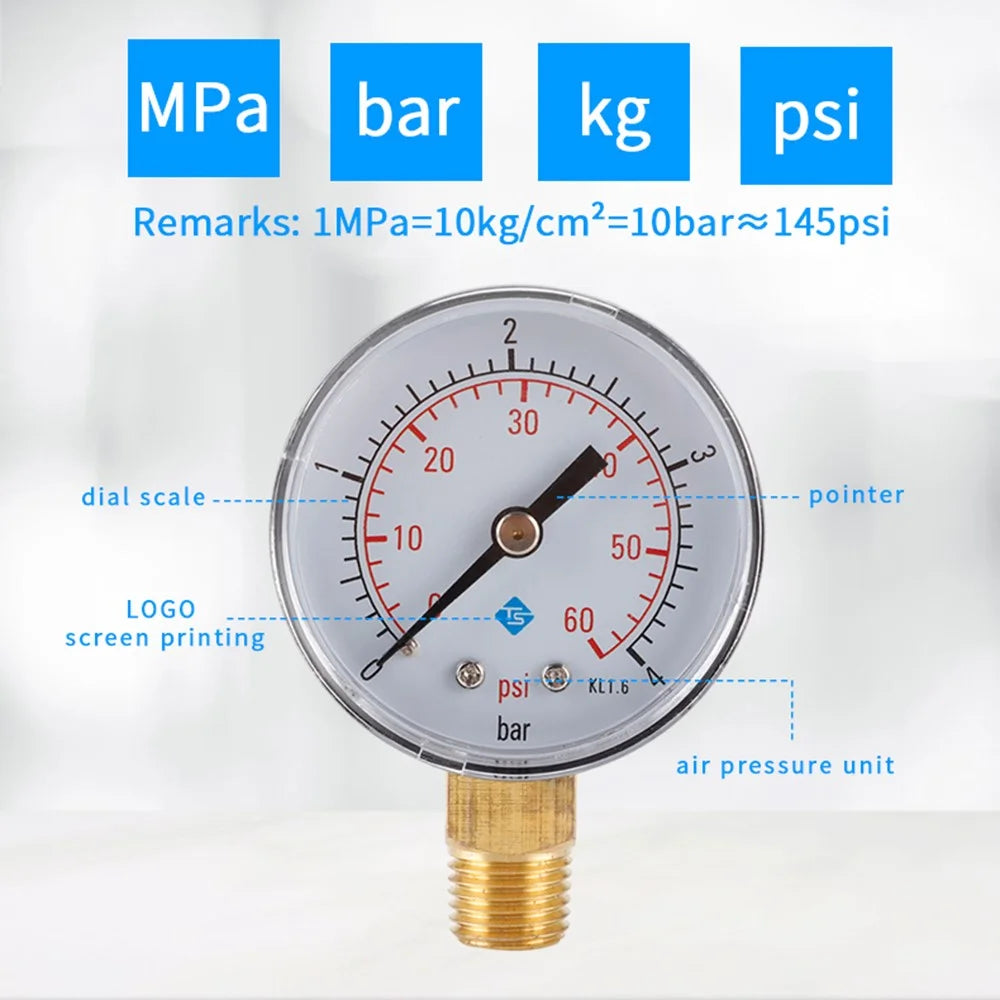 TS-50-4bar 50mm Manometer 0-60psi  /  0-4bar Dual Scale Water Pressure Dial 1 / 4 NPT Hydraulic Pressure Gauge - 6