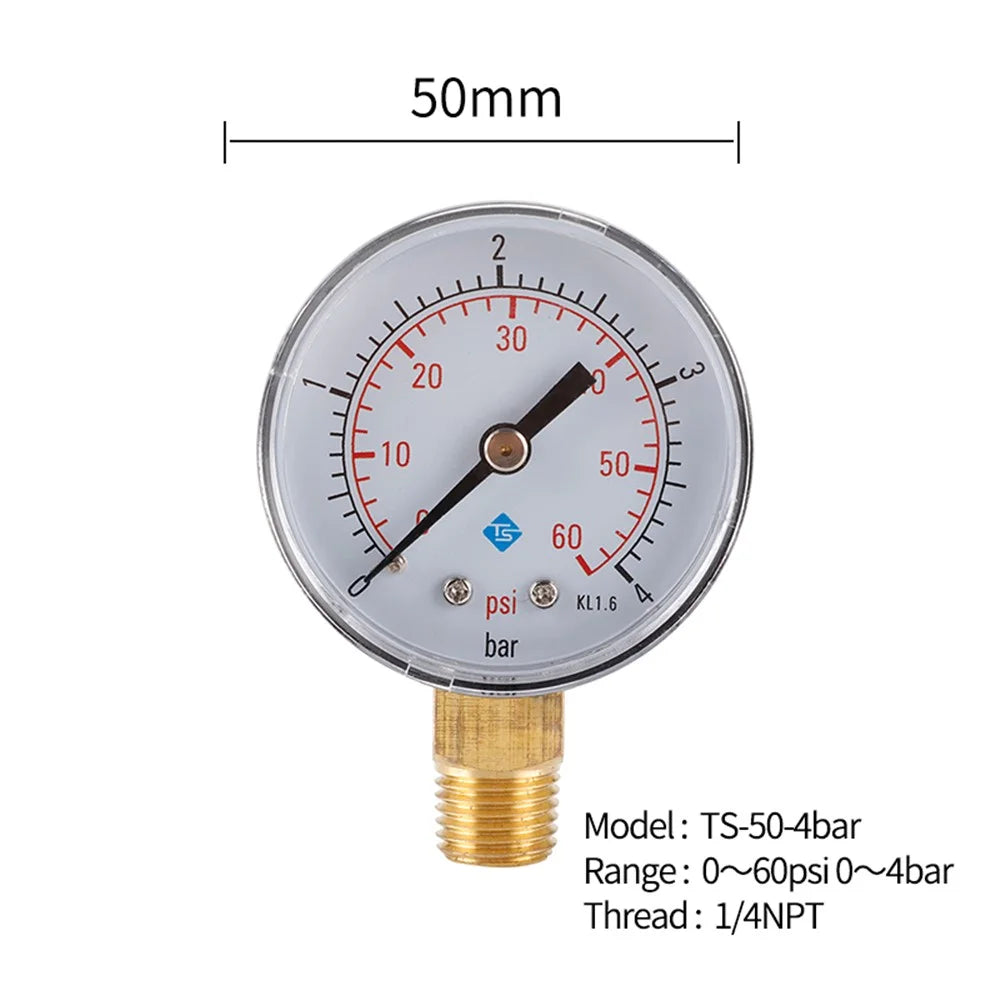 TS-50-4bar 50mm Manometer 0-60psi  /  0-4bar Dual Scale Water Pressure Dial 1 / 4 NPT Hydraulic Pressure Gauge - 7