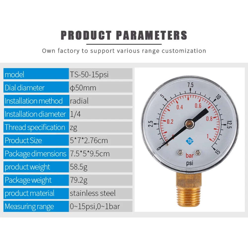 TS-50-15psi 0-15psi  /  0-1bar Dual Scale Water Pressure Dial 50mm Manometer Hydraulic Pressure Gauge for Fuel Oil / Air / Oil / Water - 4