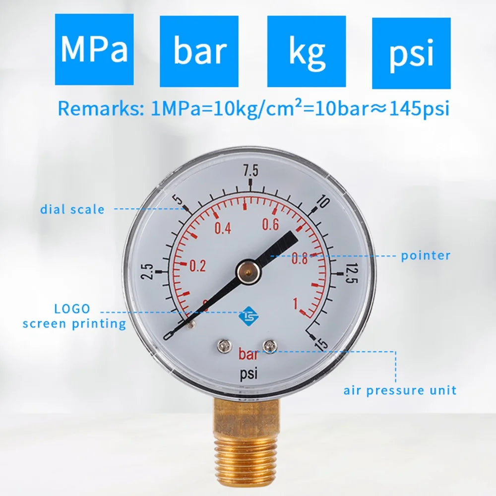 TS-50-15psi 0-15psi  /  0-1bar Dual Scale Water Pressure Dial 50mm Manometer Hydraulic Pressure Gauge for Fuel Oil / Air / Oil / Water - 6