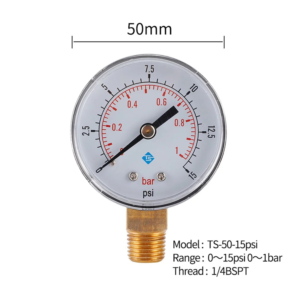 TS-50-15psi 0-15psi  /  0-1bar Dual Scale Water Pressure Dial 50mm Manometer Hydraulic Pressure Gauge for Fuel Oil / Air / Oil / Water - 7