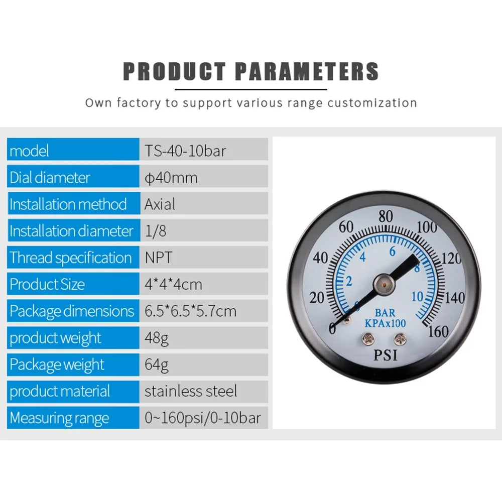 TS-40-10bar 0-160 PSI Range Pressure Gauge Stainless Steel Dual Scale Economical All Purpose Pressure Water Pressure Gauge - 4
