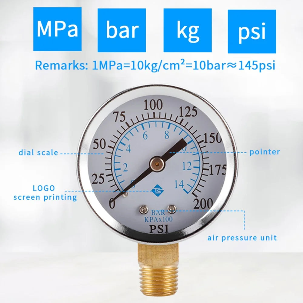 TS-50-14 1 / 4'' NPT Bottom Mount Pressure Gauge Dual Scale Water Pressure Gauge 0-200 PSI Test Range Oil Pressure Gauge - 6