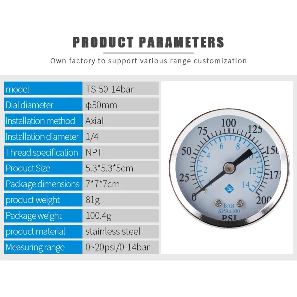 TS-50-14bar 0-200 PSI Test Range Oil Pressure Gauge 1 / 4'' NPT Bottom Mount Pressure Gauge Dual Scale Water Pressure Gauge - 4