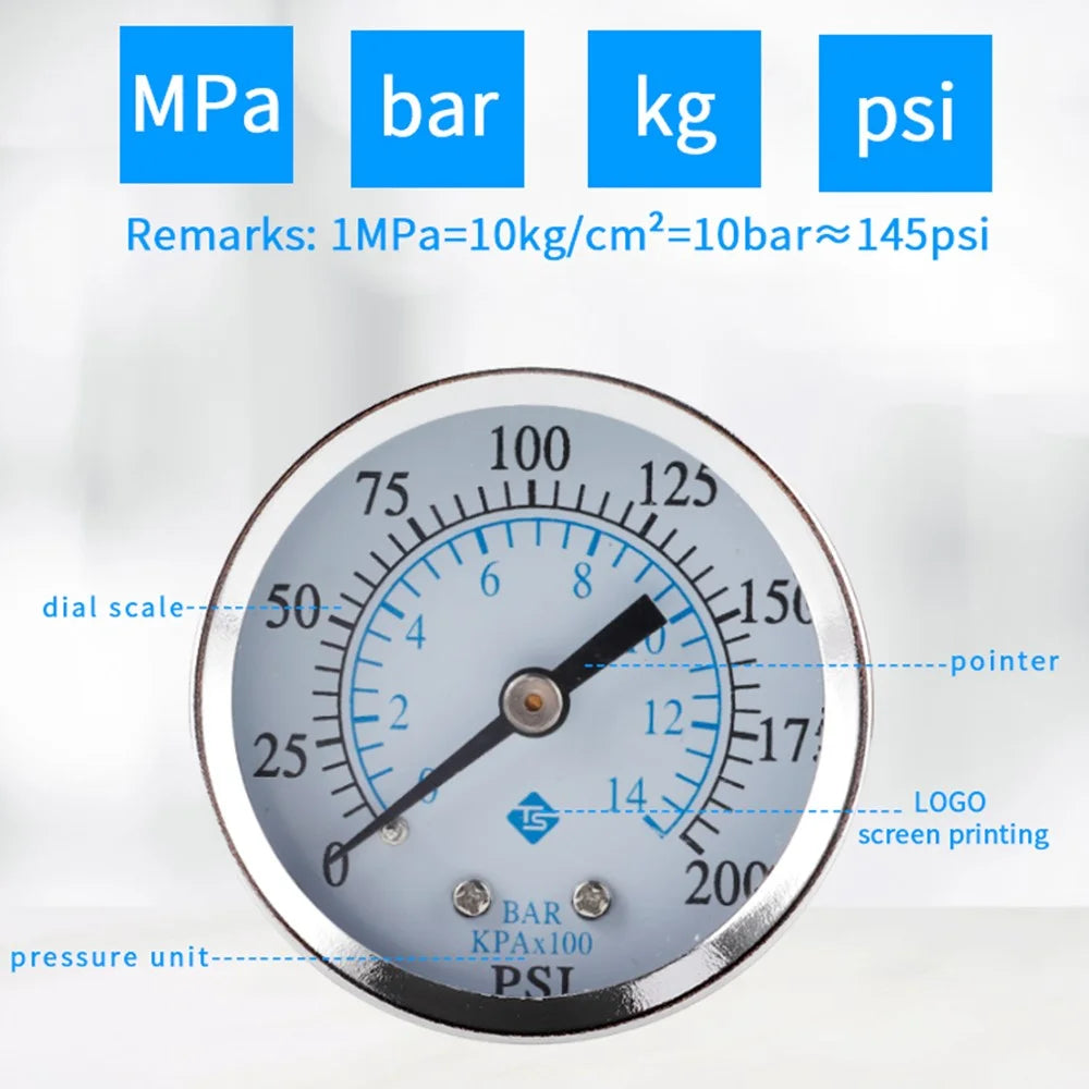 TS-50-14bar 0-200 PSI Test Range Oil Pressure Gauge 1 / 4'' NPT Bottom Mount Pressure Gauge Dual Scale Water Pressure Gauge - 5