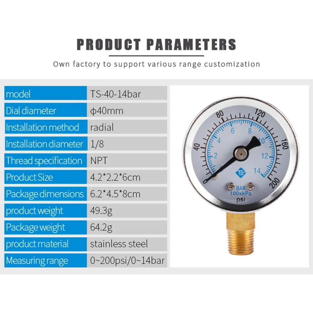 TS-40-14bar Water Oil Pressure Gauge 0-200 PSI Test Range Pressure Gauge Dual Scale Gas Pressure Gauge with 1 / 8'' NPT Bottom Mount - 5