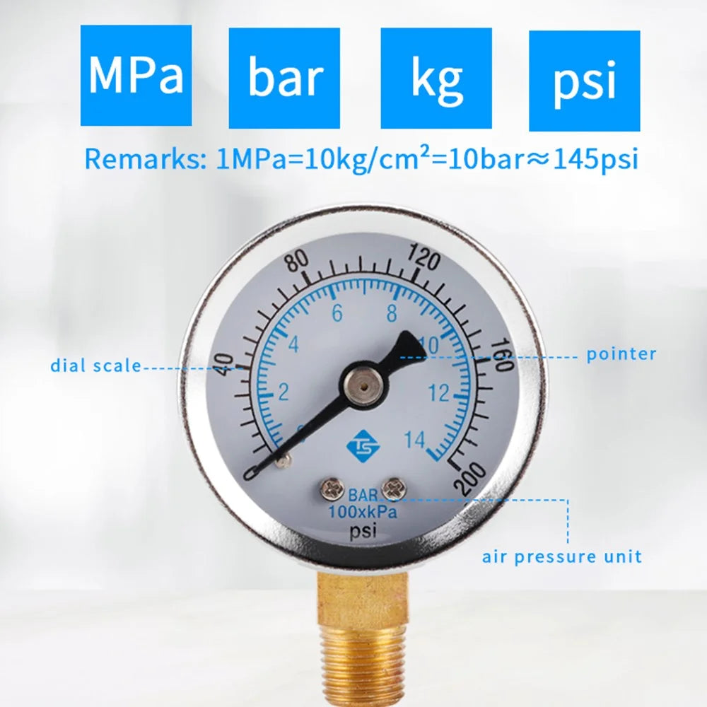 TS-40-14bar Water Oil Pressure Gauge 0-200 PSI Test Range Pressure Gauge Dual Scale Gas Pressure Gauge with 1 / 8'' NPT Bottom Mount - 6