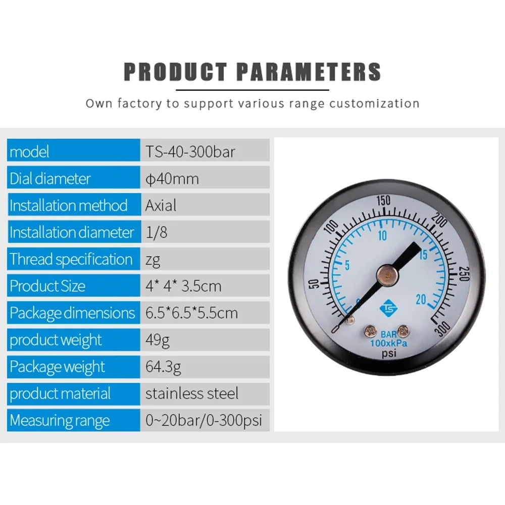 TS-40-300PSI High Precision 0-20Bar Oil Pressure Gauge Water Pressure Gauge Dual Scale Gas Pressure Gauge - 5