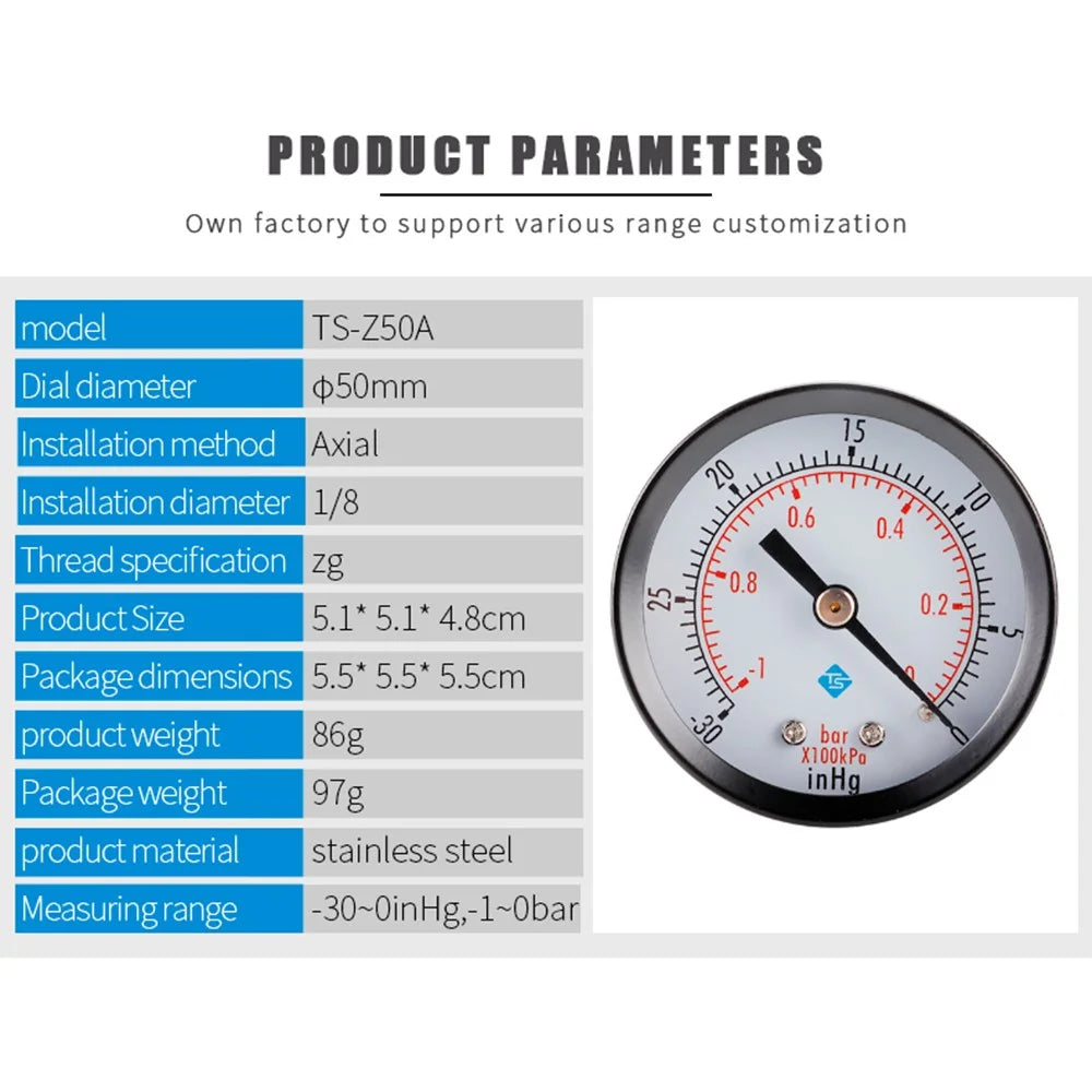 TS-Z50A Dual Scale Water Pressure Gauge Vacuum 1 / 8'' ZG Mount Gas Oil Pressure Gauge - 5