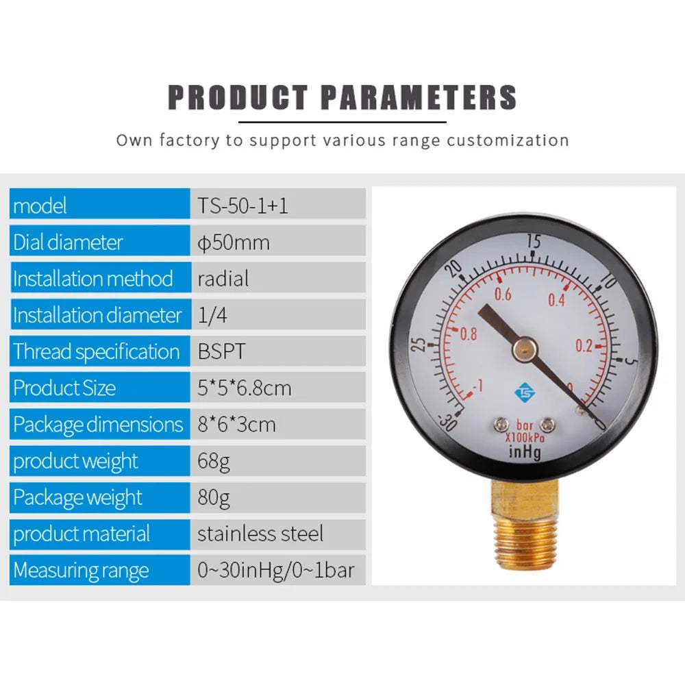 TS-50-1+1 Instrument 1 / 4'' BSPT Thread Mount Gas Water Pressure Gauge Stainless Steel Case Dry Vacuum -30inHg / 0 - 4