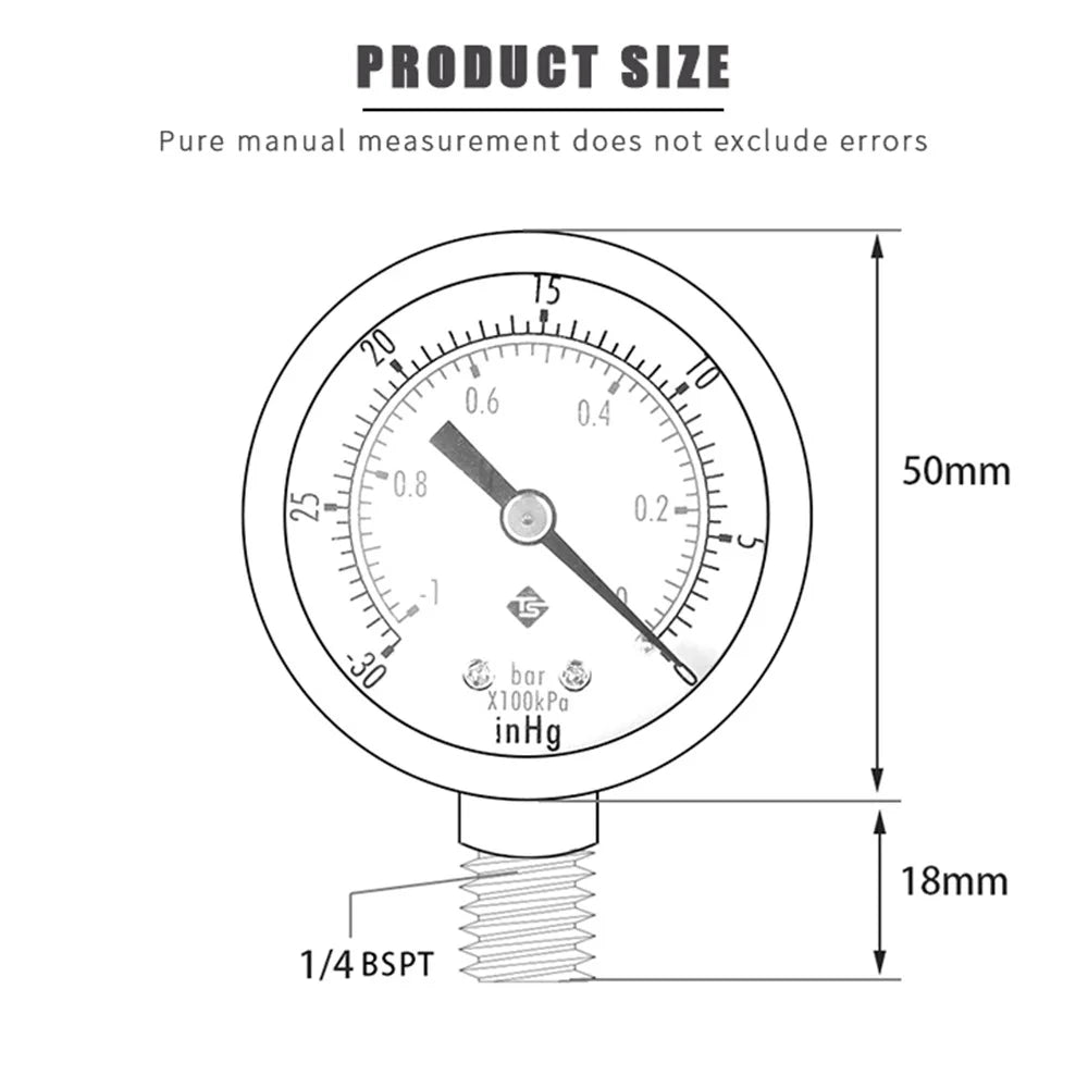 TS-50-1+1 Instrument 1 / 4'' BSPT Thread Mount Gas Water Pressure Gauge Stainless Steel Case Dry Vacuum -30inHg / 0 - 5
