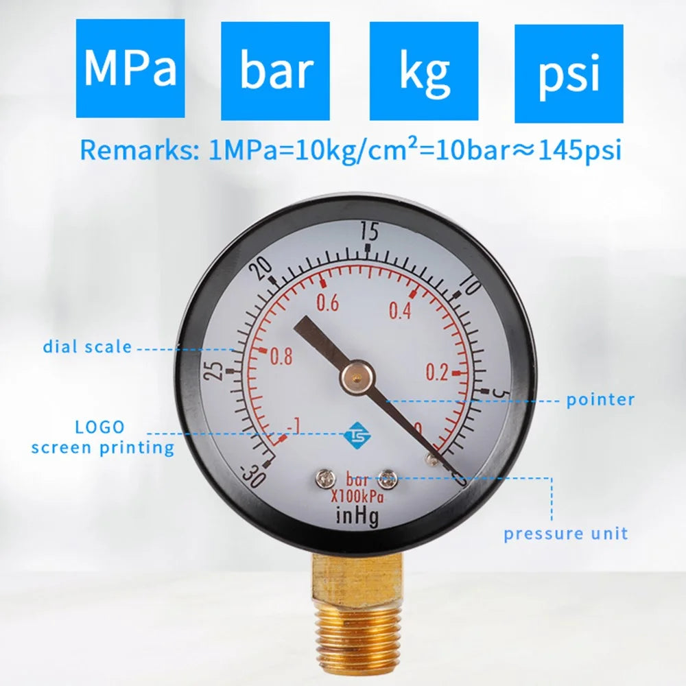 TS-50-1+1 Instrument 1 / 4'' BSPT Thread Mount Gas Water Pressure Gauge Stainless Steel Case Dry Vacuum -30inHg / 0 - 6