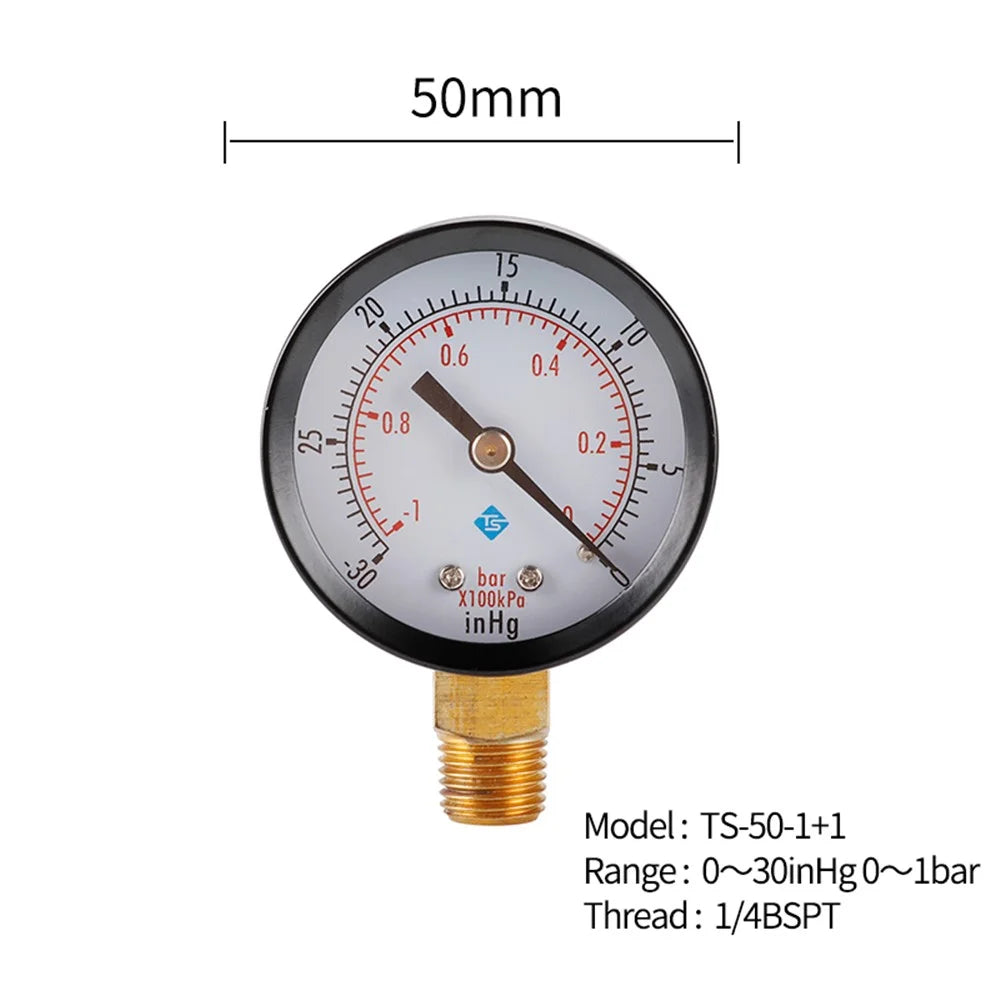 TS-50-1+1 Instrument 1 / 4'' BSPT Thread Mount Gas Water Pressure Gauge Stainless Steel Case Dry Vacuum -30inHg / 0 - 7