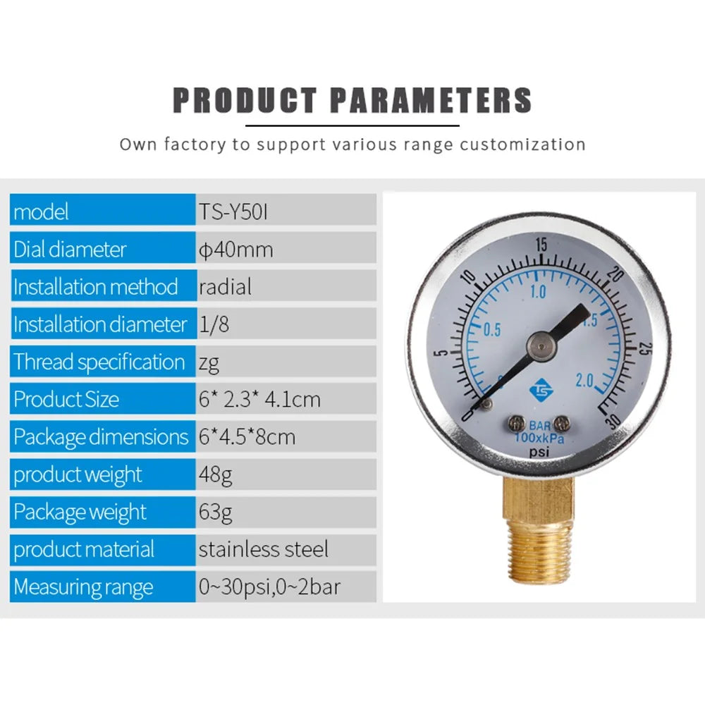 TS-Y50I 40mm Dial Gas Pressure Gauge 0-30 PSI / 0-2 Bar Range Stainless Steel Dual Scale Oil Water Pressure Gauge - 4