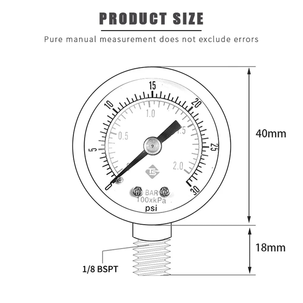 TS-Y50I 40mm Dial Gas Pressure Gauge 0-30 PSI / 0-2 Bar Range Stainless Steel Dual Scale Oil Water Pressure Gauge - 5