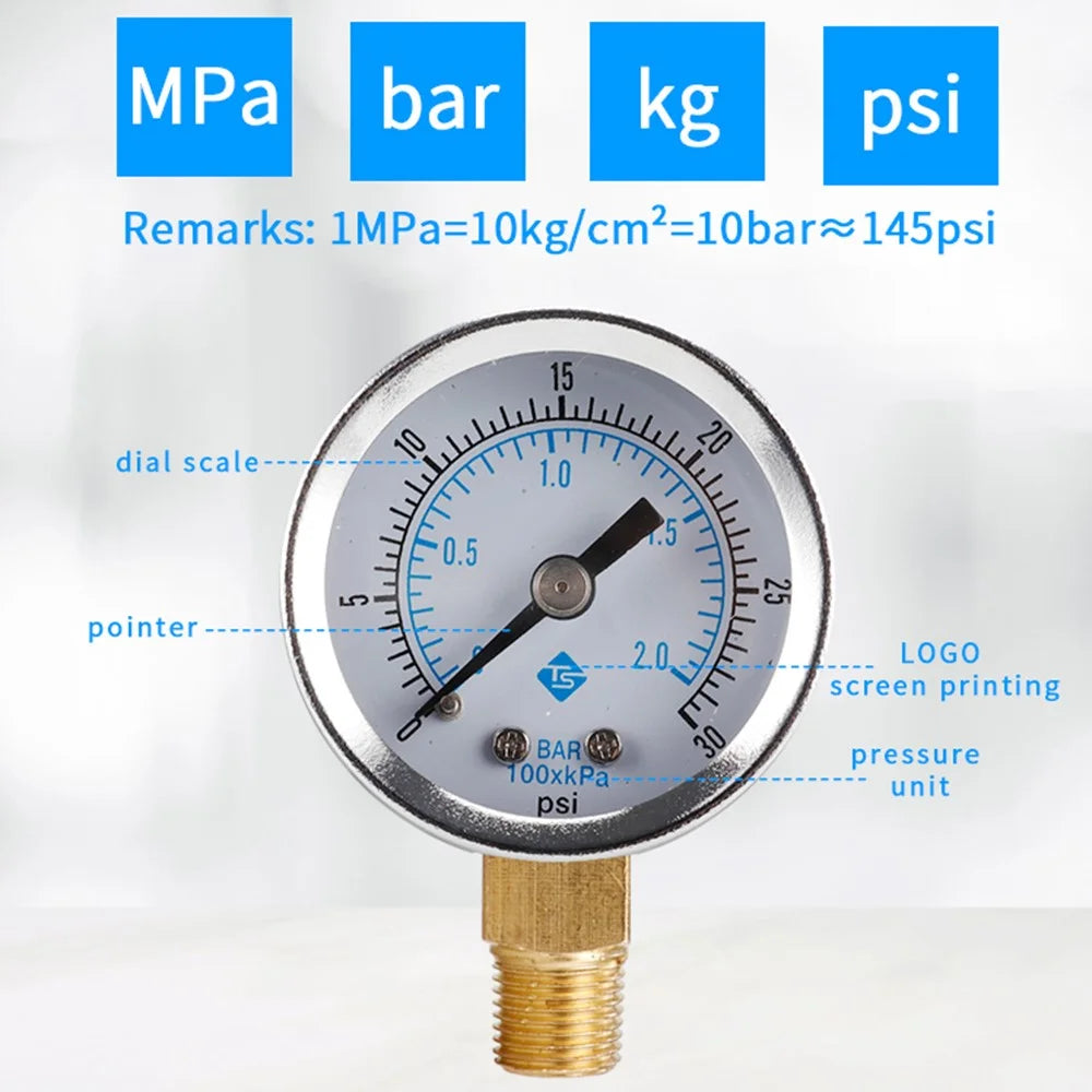 TS-Y50I 40mm Dial Gas Pressure Gauge 0-30 PSI / 0-2 Bar Range Stainless Steel Dual Scale Oil Water Pressure Gauge - 6
