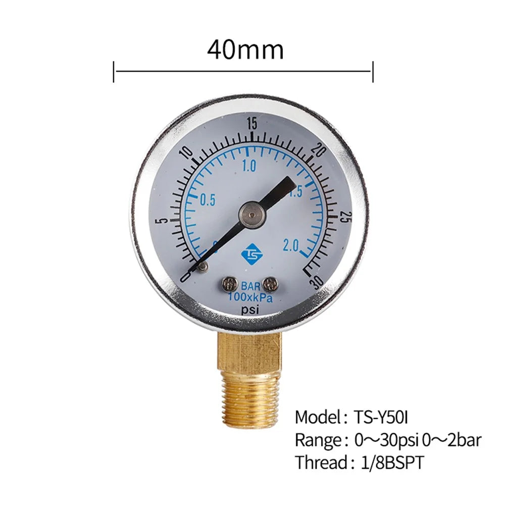 TS-Y50I 40mm Dial Gas Pressure Gauge 0-30 PSI / 0-2 Bar Range Stainless Steel Dual Scale Oil Water Pressure Gauge - 7